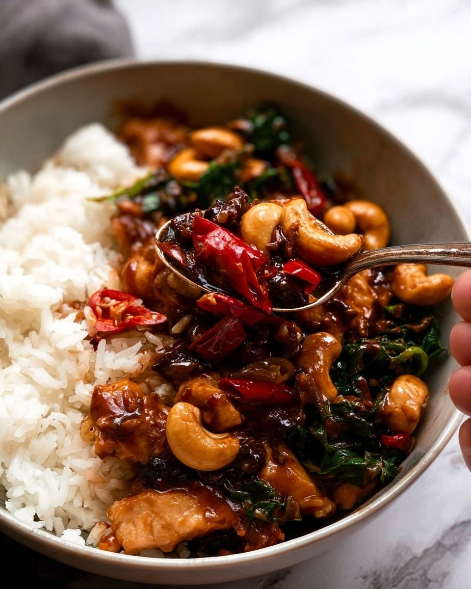 A white bowl filled with three main layers: a bottom layer of soft white rice with separated grains, a middle layer of dark brown glossy sauce with sliced cooked chicken and whole cashew nuts, and a top layer of bright red chili slices and dark green leafy vegetables scattered throughout. The dish looks warm and rich, with a slightly shiny texture from the sauce. A woman's hand is holding a spoon scooping some of the food from the bowl. The background is a white marbled surface. Photo taken with an iphone --ar 4:5 --v 7
