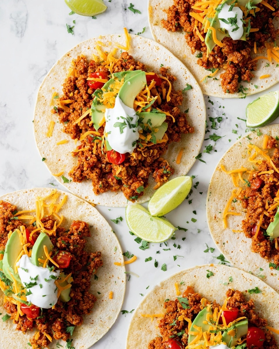 The image shows several soft tortillas laid flat on a white marbled surface, each topped with three main layers. The first layer is a thick spread of cooked, finely crumbled, reddish-brown seasoned filling mixed with small pieces of red pepper. On top of this is a layer of fresh sliced avocado pieces and halved cherry tomatoes. The next layer includes a light sprinkle of finely shredded orange cheddar cheese, small dollops of white sour cream, and a dash of chopped green herbs scattered over the tacos and the surrounding surface. Two lime wedges are placed near the tacos, adding a fresh contrast. Photo taken with an iphone --ar 4:5 --v 7