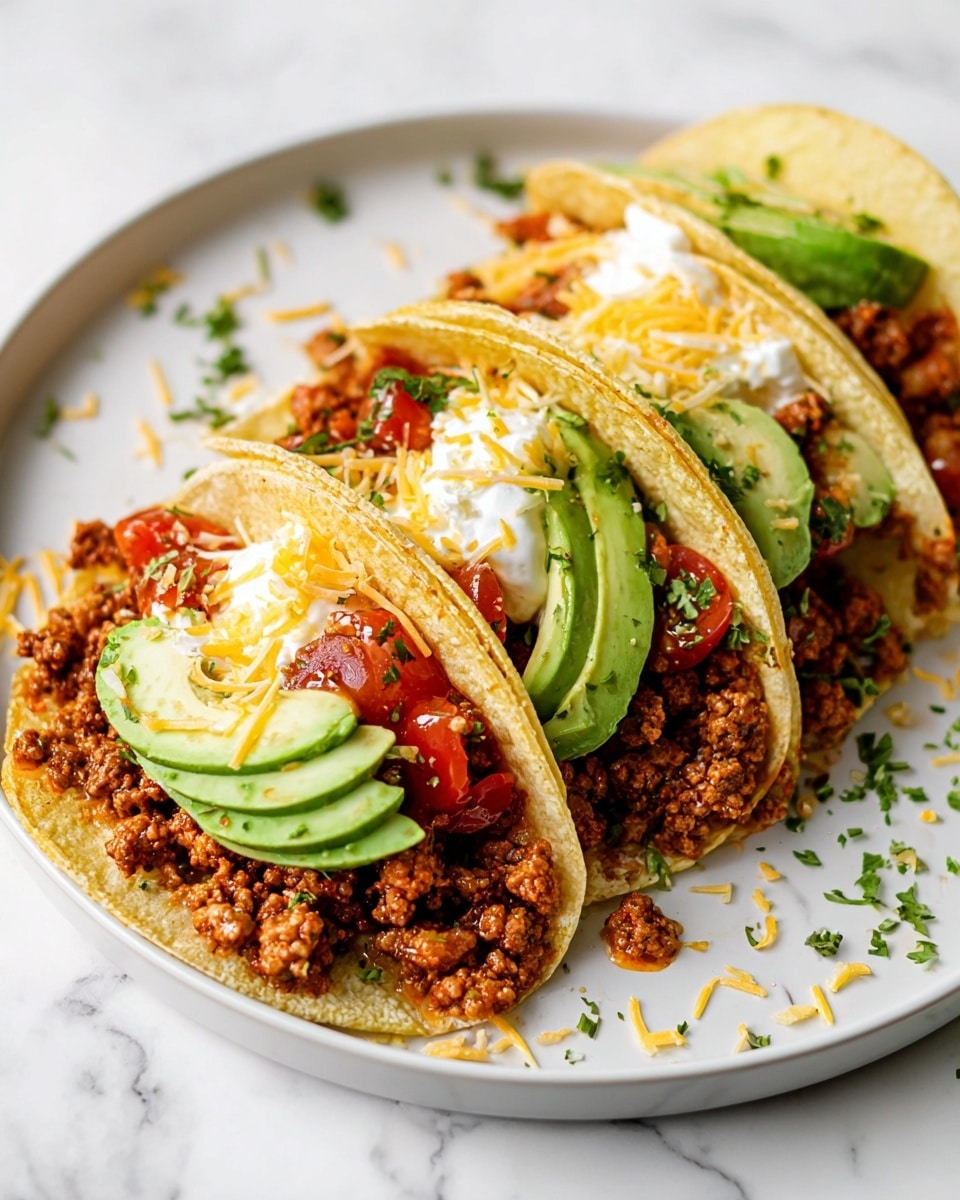 There are four soft wheat tortillas arranged in a row on a round white plate, each filled with three main layers. The bottom layer is full of small, brown seasoned ground meat mixed with some green herbs and bits of tomato. On top of that is a layer of bright red cherry tomato pieces, adding a fresh, juicy look. Above this, there are thick slices of light green avocado placed neatly, giving a smooth texture. The top layer has a small dollop of white sour cream and some grated yellow cheese scattered over all the tacos, with a few extra green herb bits sprinkled around the plate. The plate is on a white marbled surface. photo taken with an iphone --ar 4:5 --v 7