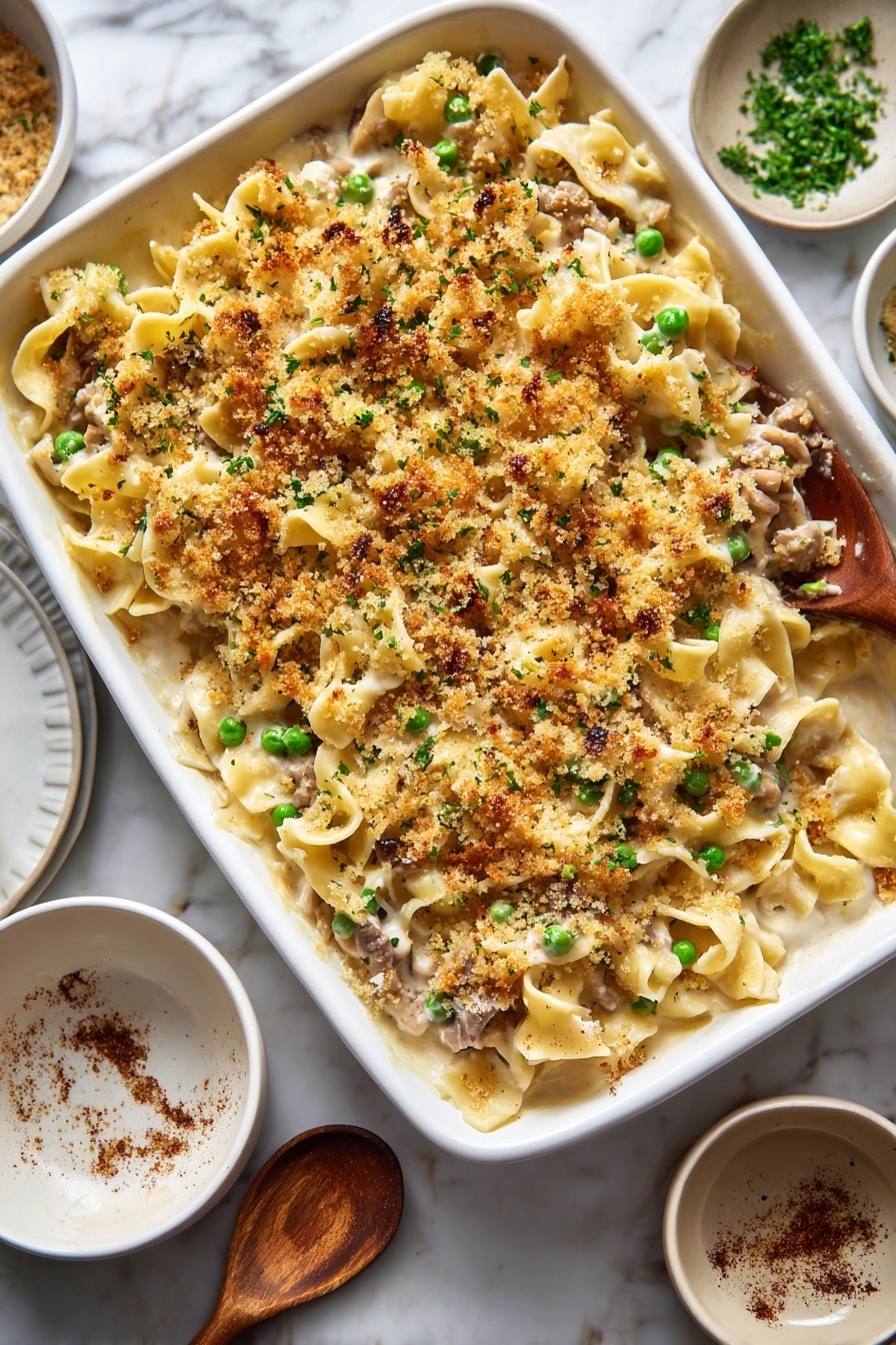 The image shows a white rectangular baking dish filled with a creamy pasta casserole topped with a golden brown crumb crust. The pasta beneath is wide egg noodles, mixed with small green peas and pieces of tender meat, all coated in a thick, light beige sauce. The crispy, toasted crumb layer on top is evenly spread, with a slightly rough texture and some green herb specks. The dish is placed on a white marbled surface, surrounded by various white bowls and plates with small amounts of sauce and spice remnants. A wooden spoon rests in one bowl, showing traces of the creamy sauce. photo taken with an iphone --ar 2:3 --v 7 - Creamy Tuna Noodle Casserole, easy tuna casserole, comforting family dinner, quick weeknight dinner, tuna pasta bake