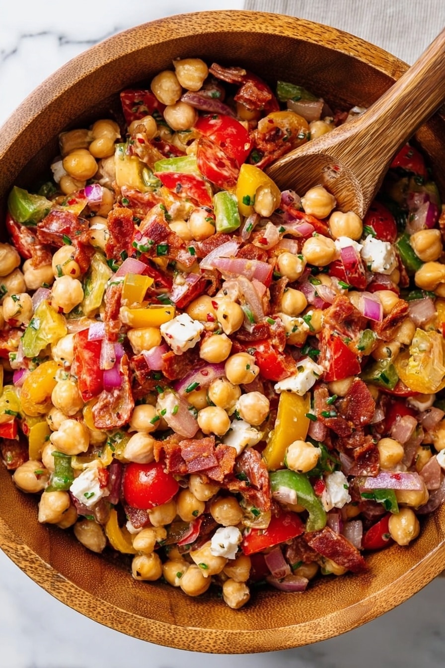 A large wooden bowl filled with a colorful mixed salad sitting on a white marbled surface. The salad has multiple layers including small whole chickpeas, white beans, chopped red onion pieces, and thin slices of red and yellow bell peppers. There are also halved cherry tomatoes, small cubes of white cheese, and thin, irregular strips of reddish cured meat scattered throughout. A wooden spoon rests inside the bowl, partially submerged in the salad, adding texture contrast. The overall look is vibrant with a mix of creamy, red, green, and yellow colors evenly spread and lightly coated in a glossy dressing. photo taken with an iphone --ar 2:3 --v 7 - Dense Bean Salad with Sun-Dried Tomato Vinaigrette, hearty bean salad, healthy bean salad recipes, vibrant vegetarian salads, protein-packed salads