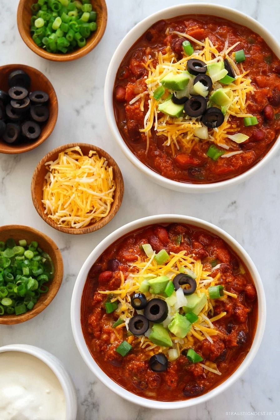 Two white bowls filled with thick red chili that has visible beans and chunks of vegetables. Each bowl is topped with shredded yellow cheese, sliced black olives, chopped green onions, and small pieces of green avocado. Around the bowls are small wooden bowls holding more chopped green onions, shredded yellow cheese, and sliced black olives. In the lower left corner, there is a white bowl with a white creamy sauce. The background is a white marbled surface. Photo taken with an iphone --ar 2:3 --v 7 - 30-Minute Leftover Turkey Chili, quick turkey chili recipe, easy turkey chili, hearty turkey chili dinner, leftover turkey ideas
