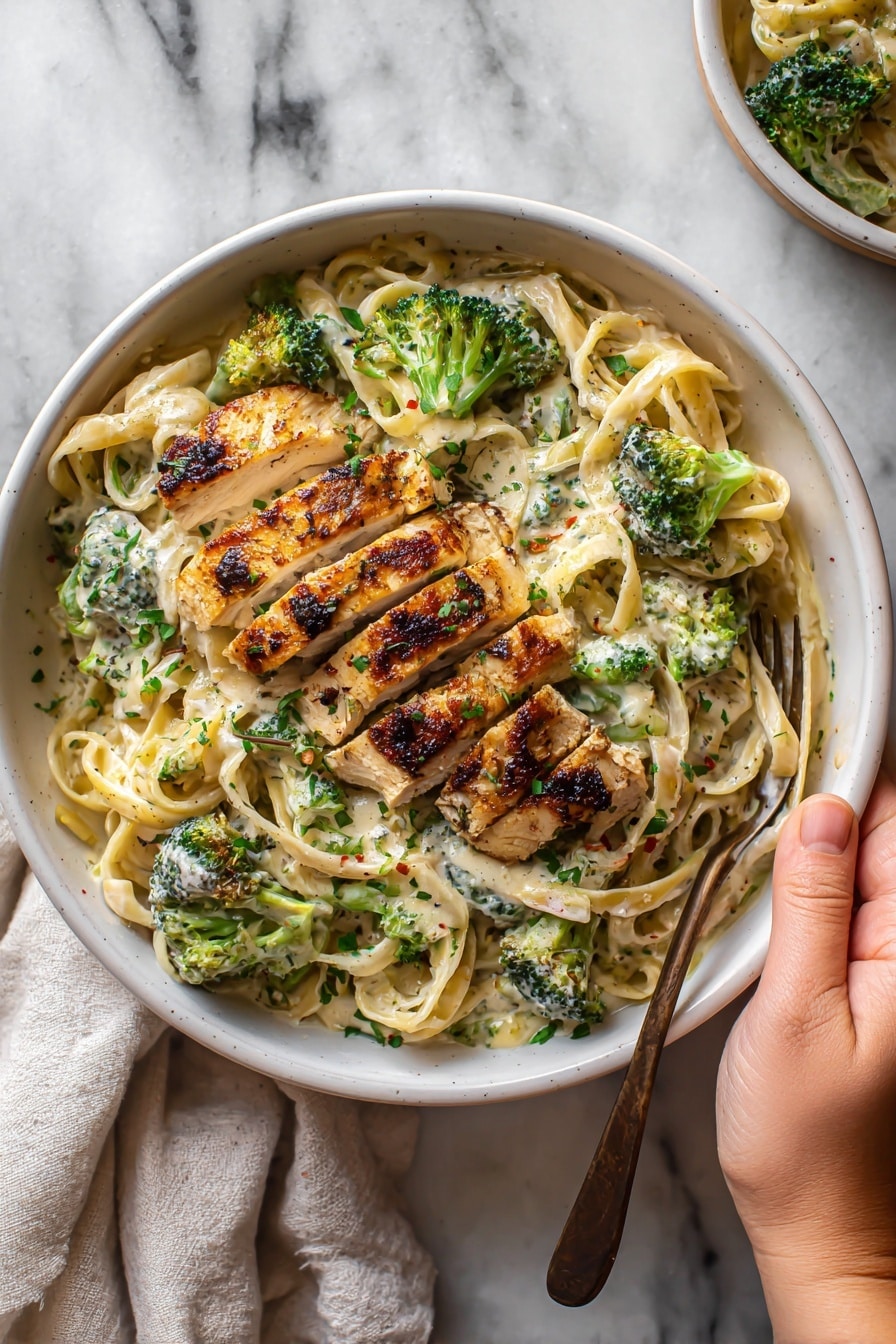 The image shows a white bowl filled with creamy fettuccine pasta mixed with green broccoli pieces. On top, there is a grilled chicken sliced into several strips, with a golden brown, slightly charred look. A woman's hand is reaching from the top right corner, about to pick up the bowl. The bowl sits on a white marbled surface, with a soft cloth and part of another white bowl partially visible nearby. photo taken with an iphone --ar 2:3 --v 7 - Easy Healthy Chicken Alfredo, healthy chicken Alfredo, light chicken Alfredo with Greek yogurt, quick healthy pasta dinner, low-calorie Alfredo recipe