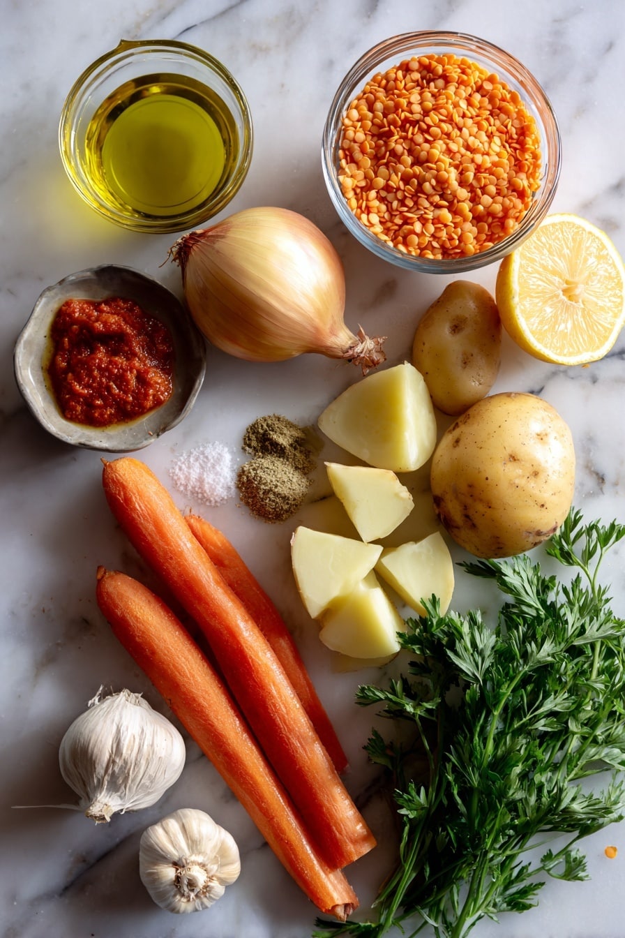 Flat lay of a small glass bowl of extra virgin olive oil, one whole onion, one medium carrot, one rib of celery, three garlic cloves, a small heap of ground cumin, a small spoonful of tomato paste, two medium potatoes cut into chunks, a large measuring cup filled with red lentils, a lemon cut into wedges, and a small bunch of chopped parsley placed on a white marble surface, photo taken with an iphone --ar 2:3 --v 7 - Creamy Red Lentil Soup, Red Lentil Soup, One-Pot Lentil Soup, High-Protein Lentil Soup, Easy Lentil Soup