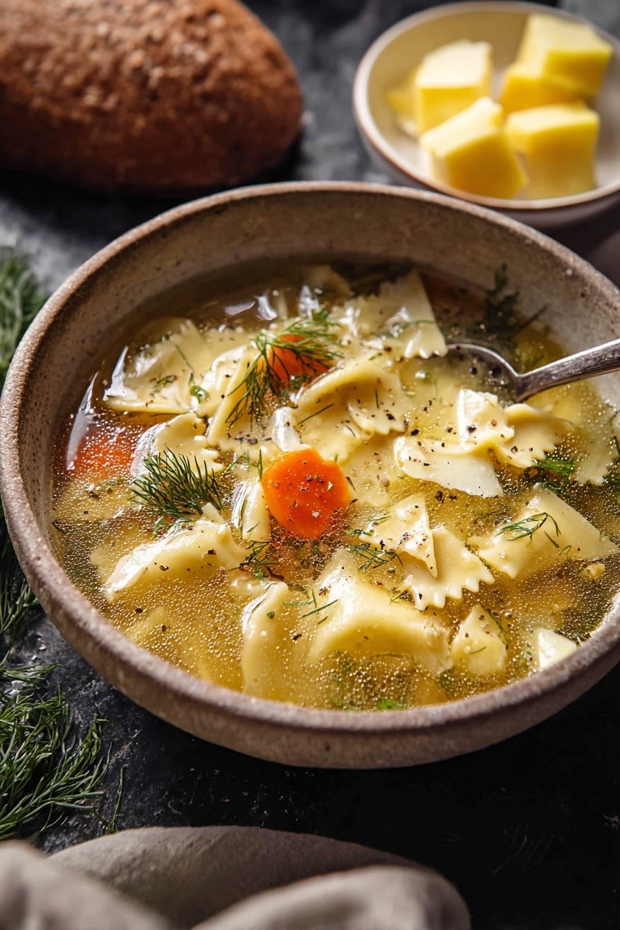 A bowl of clear broth soup filled with light yellow pasta pieces that have jagged edges floating on the surface, with small orange carrot slices peeking through and fresh green dill sprigs scattered on top. The soup has a slightly oily surface with specks of black pepper visible, and thin shavings of a pale yellow cheese resting on some pasta. The bowl is rough-textured and earthy in tone, set against a dark background with a spoon resting inside. In the background, there is a white bowl with yellow cheese wedges and dill, and a round brown loaf of bread on a white marbled texture. photo taken with an iphone --ar 2:3 --v 7 - Lemony Pesto Chicken Noodle Soup, lemon pesto chicken soup, easy comforting chicken noodle soup, healthy lemon herb chicken soup, flavorful chicken soup recipes