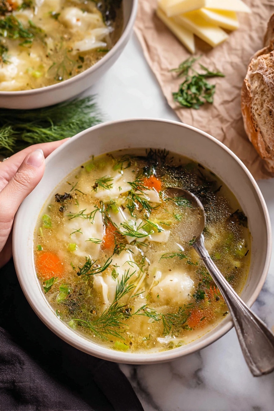 A white bowl filled with a clear broth soup that has soft textured vegetable pieces like white dumpling strips, bright orange carrot slices, and green herbs floating on top, including fresh dill and chopped green onions; a silver spoon rests inside the bowl with a woman's hand holding it gently from the side. Behind the bowl, another white bowl contains light yellow cheese wedges and extra sprigs of fresh dill. To the right, there is a piece of crusty brown bread on a piece of brown paper. All items are set on a white marbled surface. photo taken with an iphone --ar 2:3 --v 7 - Lemony Pesto Chicken Noodle Soup, lemon pesto chicken soup, easy comforting chicken noodle soup, healthy lemon herb chicken soup, flavorful chicken soup recipes