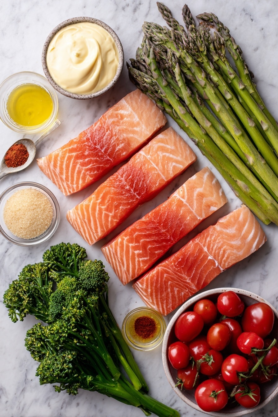 Flat lay of four thick salmon fillets with skin on, two bunches of fresh green asparagus, one bunch of broccolini with small florets, a small bowl overflowing with bright red cherry tomatoes, a small dish of golden brown sugar, a tiny ramekin of creamy mayonnaise, a small spoonful of Dijon mustard, a drizzle of olive oil in a shallow dish, and a pinch of cayenne pepper in a small heap, all placed on a white marble surface, photo taken with an iphone --ar 2:3 --v 7 - Brown Sugar Broiled Salmon with Roasted Vegetables, easy healthy salmon dinner, quick salmon recipes, caramelized salmon glaze, weeknight salmon meal