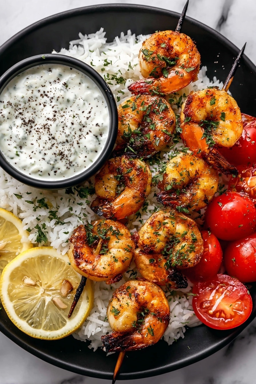 The image shows a black round plate filled with a shrimp dish. There are two skewers of grilled shrimp placed diagonally on top of a bed of white rice. The shrimp are golden with a sprinkle of green herbs. To the left of the skewers, there is a small black bowl with a creamy white sauce topped with cracked black pepper. Below the bowl, two lemon wedges rest on the plate. To the right of the lemon wedges, there are several halved cherry tomatoes in bright red color. The background has a white marbled texture. photo taken with an iphone --ar 2:3 --v 7 - Chimichurri Shrimp with Rice and Tzatziki, grilled shrimp with chimichurri and tzatziki, quick seafood dinner ideas, healthy shrimp recipes, flavorful rice side dishes
