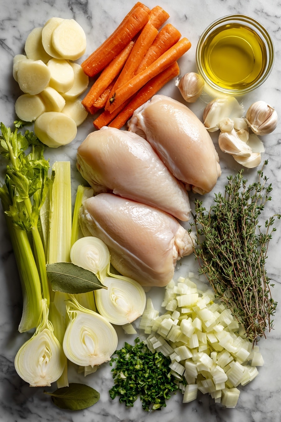 Flat lay of two whole boneless skinless chicken breasts, four medium peeled and sliced carrots, three peeled and sliced parsnips, three sliced celery ribs, half a medium diced onion, one halved and sliced leek, four minced garlic cloves, two sprigs each of fresh thyme and fresh tarragon, one bay leaf, a small bowl of extra virgin olive oil, and a small bunch of roughly chopped fresh parsley placed on a white marble surface, photo taken with an iphone --ar 2:3 --v 7 - Ultimate Chicken Soup, comforting chicken soup, healthy chicken soup, hearty chicken vegetable soup, easy homemade chicken soup