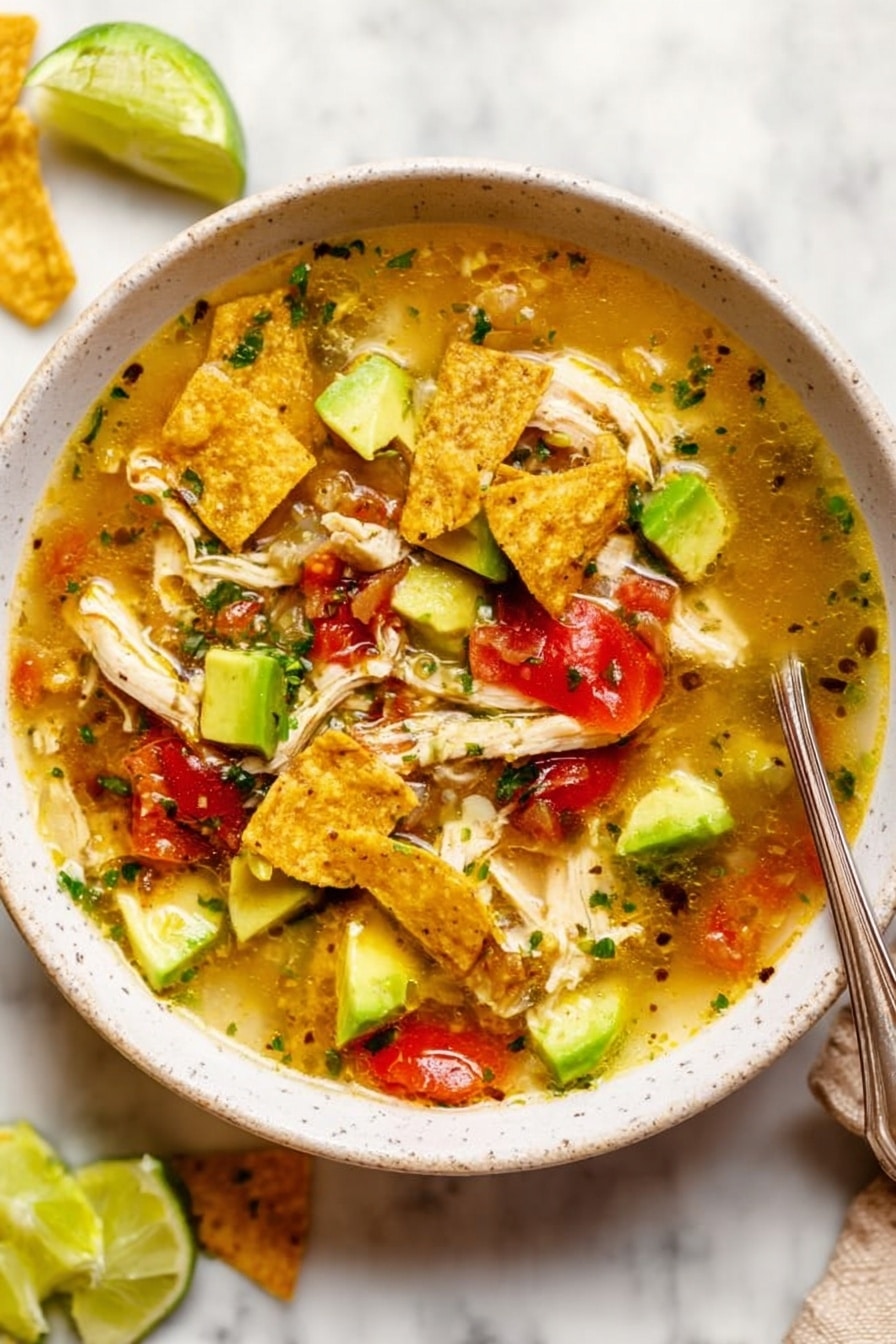 A white bowl filled with a colorful soup containing shredded light-colored chicken, bright green avocado cubes, chunky red tomatoes, and crispy broken tortilla chips scattered on top, all in a light broth with small green herb pieces sprinkled throughout; the bowl sits on a white marbled surface with a whole dark green avocado and a small white bowl of lime wedges above it, and a small white bowl of more tortilla chips below it, with a metal spoon next to the bowl. photo taken with an iphone --ar 2:3 --v 7 - Sopa de Lima, Mexican lime soup, authentic Mexican soup, easy Sopa de Lima recipe, vibrant Mexican soup