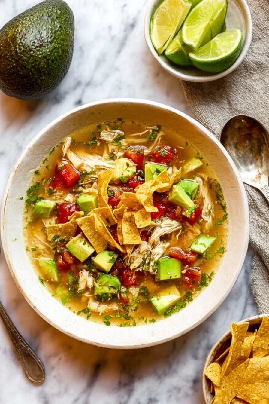 A top view of a large white pot filled with clear soup that has shredded white chicken pieces, small red tomato chunks, green herbs, and floating bits of onions and peppers. A wooden spoon with a long handle is lifting some soup and chicken from the pot. Around the pot, there is a white bowl with lime wedges, a whole avocado, some green cilantro leaves, and a small white bowl filled with round yellow tortilla chips, all placed on a white marbled surface. photo taken with an iphone --ar 2:3 --v 7 - Sopa de Lima, Mexican lime soup, authentic Mexican soup, easy Sopa de Lima recipe, vibrant Mexican soup