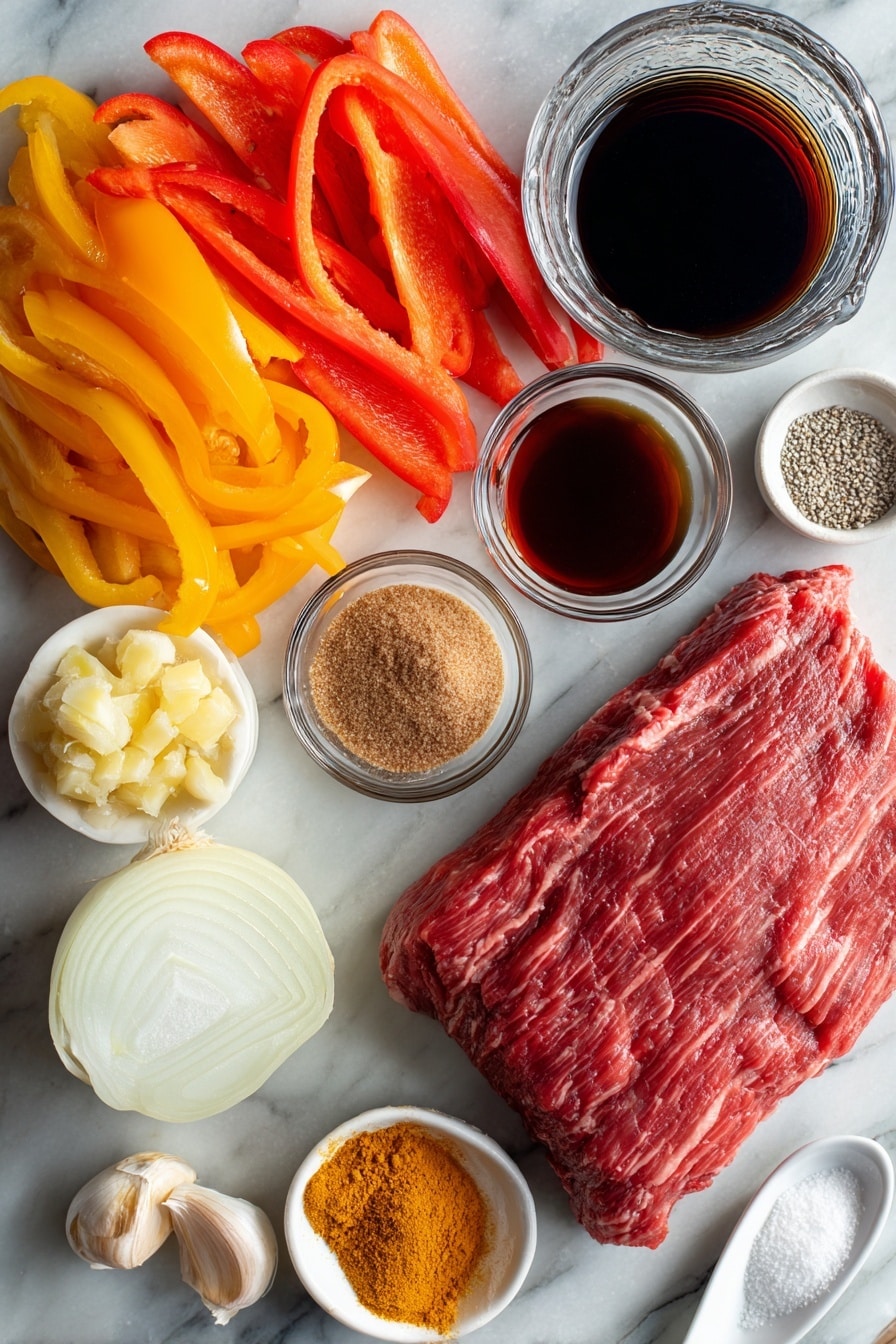 Flat lay of a thick flank steak cut into a large piece, two colorful bell peppers sliced thinly, a halved onion with thin slices next to it, three small garlic cloves peeled, a small pile of fresh minced ginger, a small bowl of dark honey, a smaller bowl of packed brown sugar, a glass container of deep red wine vinegar, a small dish of dark soy sauce, a tiny cup of sesame oil, a small heap of freshly ground black pepper, a teaspoon of cornstarch powder on a white spoon, all placed on a white marble surface, photo taken with an iphone --ar 2:3 --v 7 - Pepper Steak with Onion, pepper steak recipe, savory steak with peppers, hearty beef stir-fry, easy beef and onion dinner