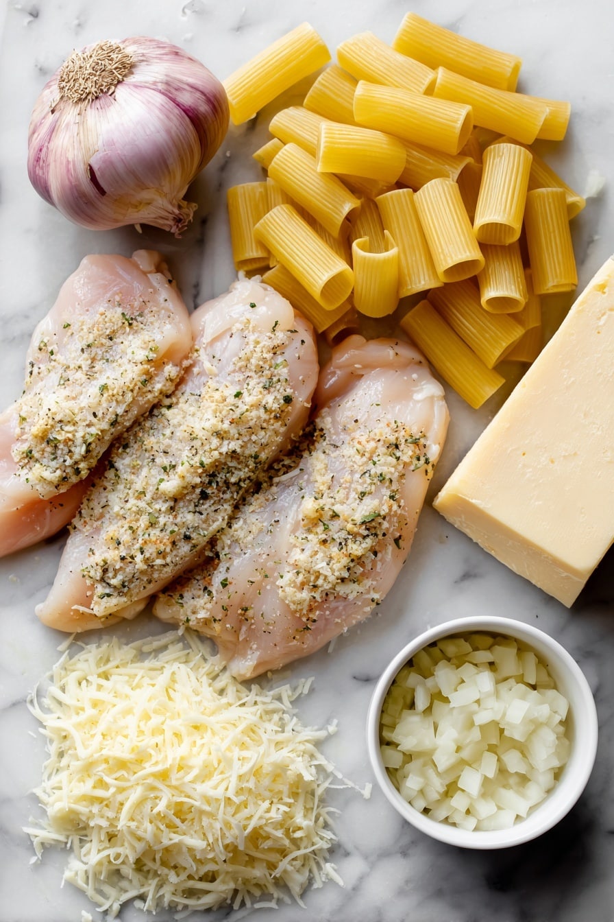 Flat lay of raw chicken tenderloins coated with Italian seasoning and shredded parmesan, finely diced yellow onion, peeled garlic cloves, a small pile of dried pasta, a wedge of Parmesan cheese with some shavings, a stick of butter, and a small bowl of creamy half and half, placed on a white marble surface, photo taken with an iphone --ar 2:3 --v 7 - One Pot Creamy Parmesan Chicken Pasta, creamy chicken pasta, one pot pasta dinner, comforting chicken pasta recipe, easy cheesy chicken pasta