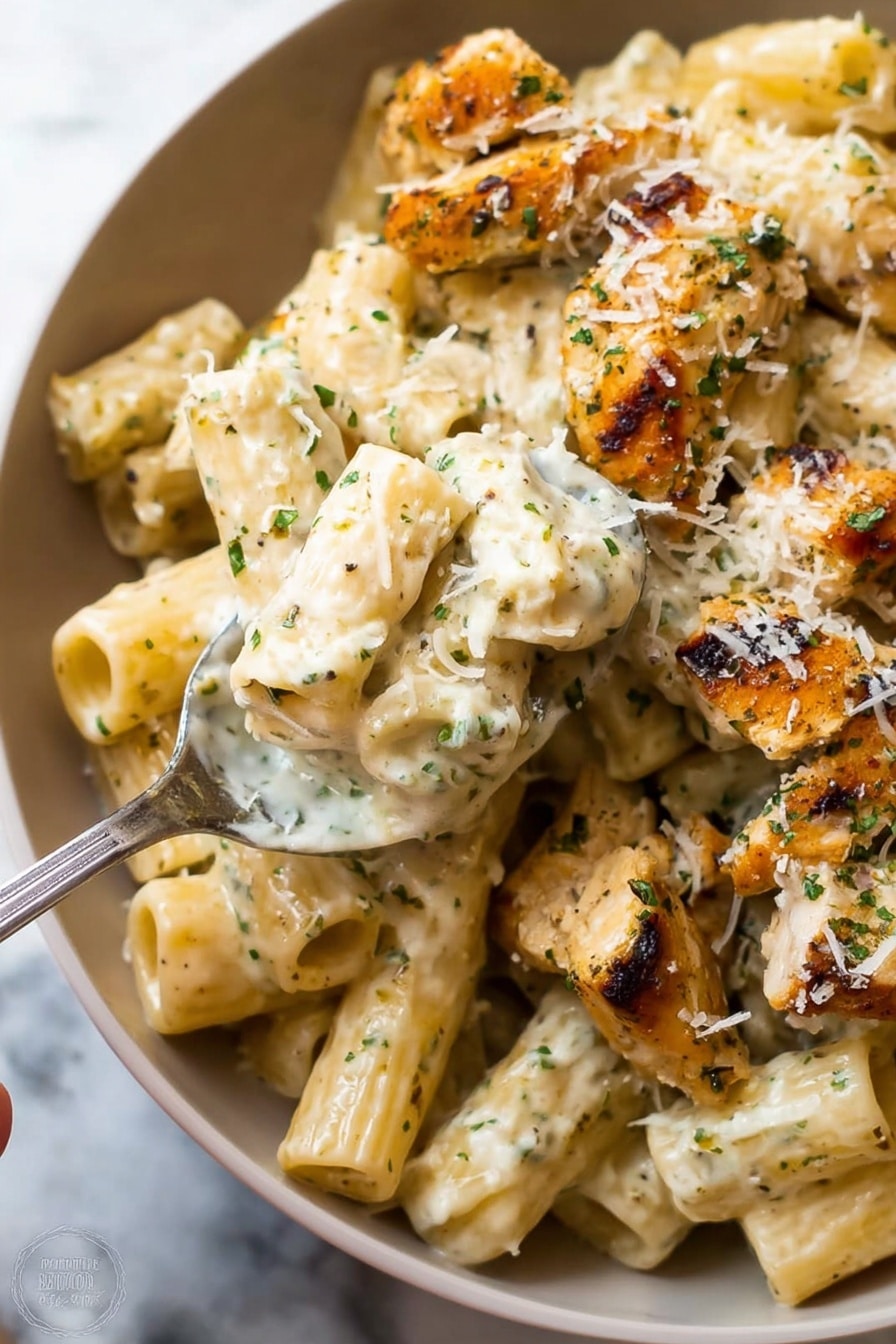The image shows a close-up of rigatoni pasta coated in a creamy, white sauce with small green herb bits, lifted by a woman's hand holding a spoon. The pasta is mixed with pieces of grilled chicken, which are golden brown with a slightly crispy texture and sprinkled with grated white cheese and herbs. The dish is served in a white bowl, placed on a white marbled surface. photo taken with an iphone --ar 2:3 --v 7 - One Pot Creamy Parmesan Chicken Pasta, creamy chicken pasta, one pot pasta dinner, comforting chicken pasta recipe, easy cheesy chicken pasta