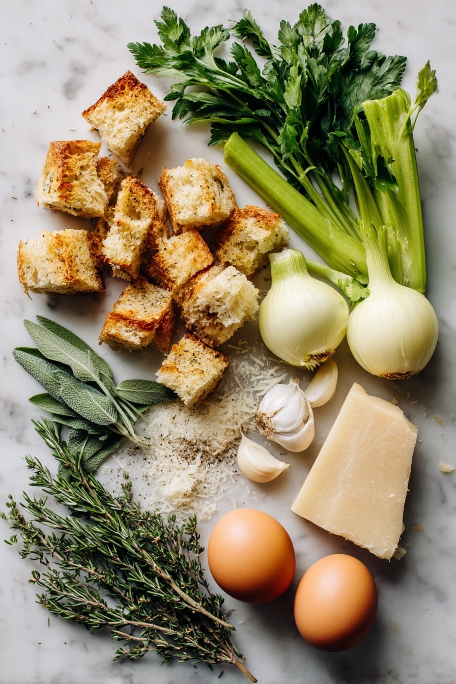 Flat lay of golden sourdough bread cubes, fresh bright green celery stalks, a peeled yellow onion, several peeled garlic cloves, a small bunch of fresh parsley, sprigs of rosemary, sage, and thyme, a wedge of parmesan cheese with some grated parmesan scattered nearby, and two fresh brown eggs, all beautifully arranged and vibrant, placed on a white marble surface, photo taken with an iphone --ar 2:3 --v 7 - Crispy-Edged Stuffing Muffins, Stuffins, Thanksgiving Stuffing Muffins, Individual Stuffing Portions, Holiday Side Dish