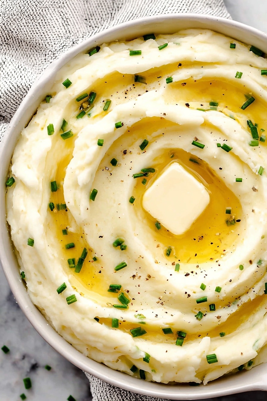 A white bowl full of creamy mashed potatoes with soft swirls forming a round pattern on the top layer. A square piece of butter sits in the middle, melting and spreading golden yellow glossy streaks across the smooth white surface of the potatoes. Small, bright green chopped chives are scattered evenly on top, along with tiny black pepper bits adding tiny dark specks. The bowl is placed on a white marbled surface with a light gray striped cloth underneath. Photo taken with an iphone --ar 2:3 --v 7 - Buttermilk Mashed Potatoes, creamy mashed potatoes with buttermilk, tangy mashed potato side dish, easy mashed potatoes recipe, buttery mashed potatoes