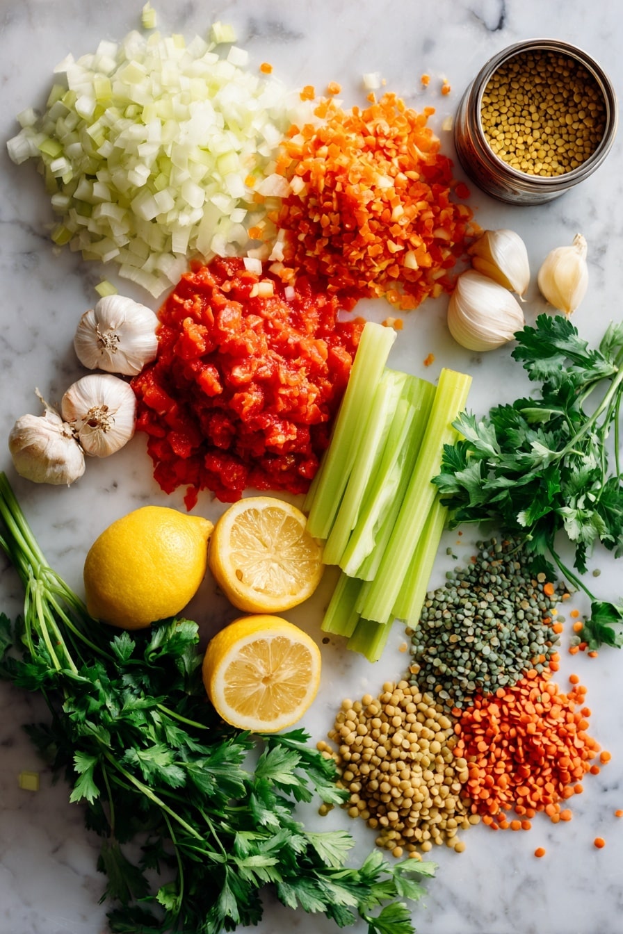 Flat lay of a large yellow onion finely chopped, two celery stalks chopped, one peeled and chopped carrot, four garlic cloves minced, bright red crushed tomatoes in a gentle pile, fresh green cilantro leaves loosely arranged, small heaps of green and red lentils, a can of beige chickpeas spilling some out, a few lemon wedges with vibrant yellow rinds, all placed on a white marble surface, photo taken with an iphone --ar 2:3 --v 7 - Harira Moroccan Lentil and Chickpea Soup, Moroccan Lentil and Chickpea Soup, Warm Spices Soup, Healthy Moroccan Soup, Hearty Lentil and Chickpea Soup