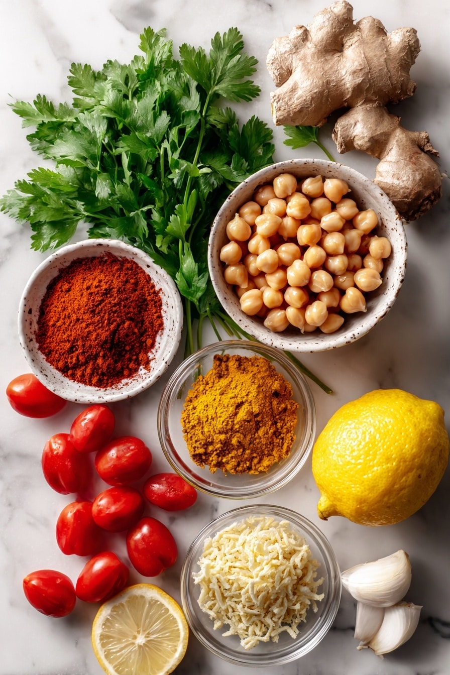Flat lay of golden cumin seeds, vibrant ground turmeric, warm reddish-brown garam masala, fresh bright green cilantro leaves, plump beige chickpeas, peeled whole tomatoes with rich red hues, finely grated pale yellow ginger, minced white garlic cloves, and a fresh lemon cut in half showing its juicy yellow flesh, all beautifully arranged on a white marble surface, photo taken with an iphone --ar 2:3 --v 7 - Vegan Chana Masala with Rice and Yogurt, vegan Indian curry recipes, easy vegan dinner ideas, healthy Indian chickpea dishes, plant-based comfort food