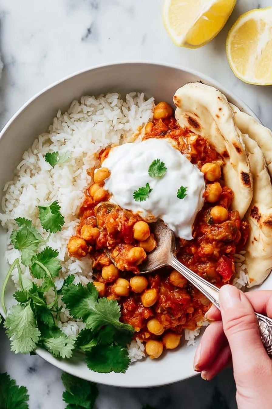 A white bowl contains a dish with three layers visible: the bottom layer is white rice filling half the bowl with a soft, grainy texture; on top of the rice, there is a thick chickpea and tomato sauce mixture in reddish-orange with chunks of chickpeas and tomato pieces, covering the center; a dollop of white creamy yogurt sits on top of the sauce in the middle; fresh green cilantro leaves are placed on one side of the bowl near the rice; pieces of flatbread with a light golden-brown color and soft texture rest on the edge of the bowl. A woman's hand is holding a spoon scooping into the sauce near the flatbread. The background is a white marbled texture with two lemon wedges placed nearby. Photo taken with an iphone --ar 2:3 --v 7 - Vegan Chana Masala with Rice and Yogurt, vegan Indian curry recipes, easy vegan dinner ideas, healthy Indian chickpea dishes, plant-based comfort food