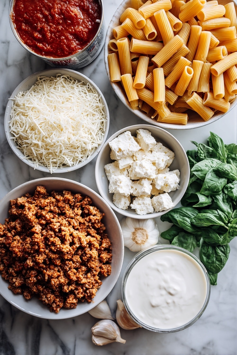 Flat lay of dry ziti pasta noodles, crumbled Italian sausage, minced garlic cloves, a large can of crushed tomatoes, fresh green basil leaves, shredded mozzarella cheese, grated pecorino Romano cheese, and a small pour of heavy cream, all beautifully arranged in separate piles and clusters, placed on a white marble surface, photo taken with an iphone --ar 2:3 --v 7 - Crowd-Pleasing Baked Ziti with Spicy Italian Sausage and Creamy Pecorino, baked ziti with sausage, Italian baked ziti recipe, cheesy baked pasta, crowd-pleasing pasta dish