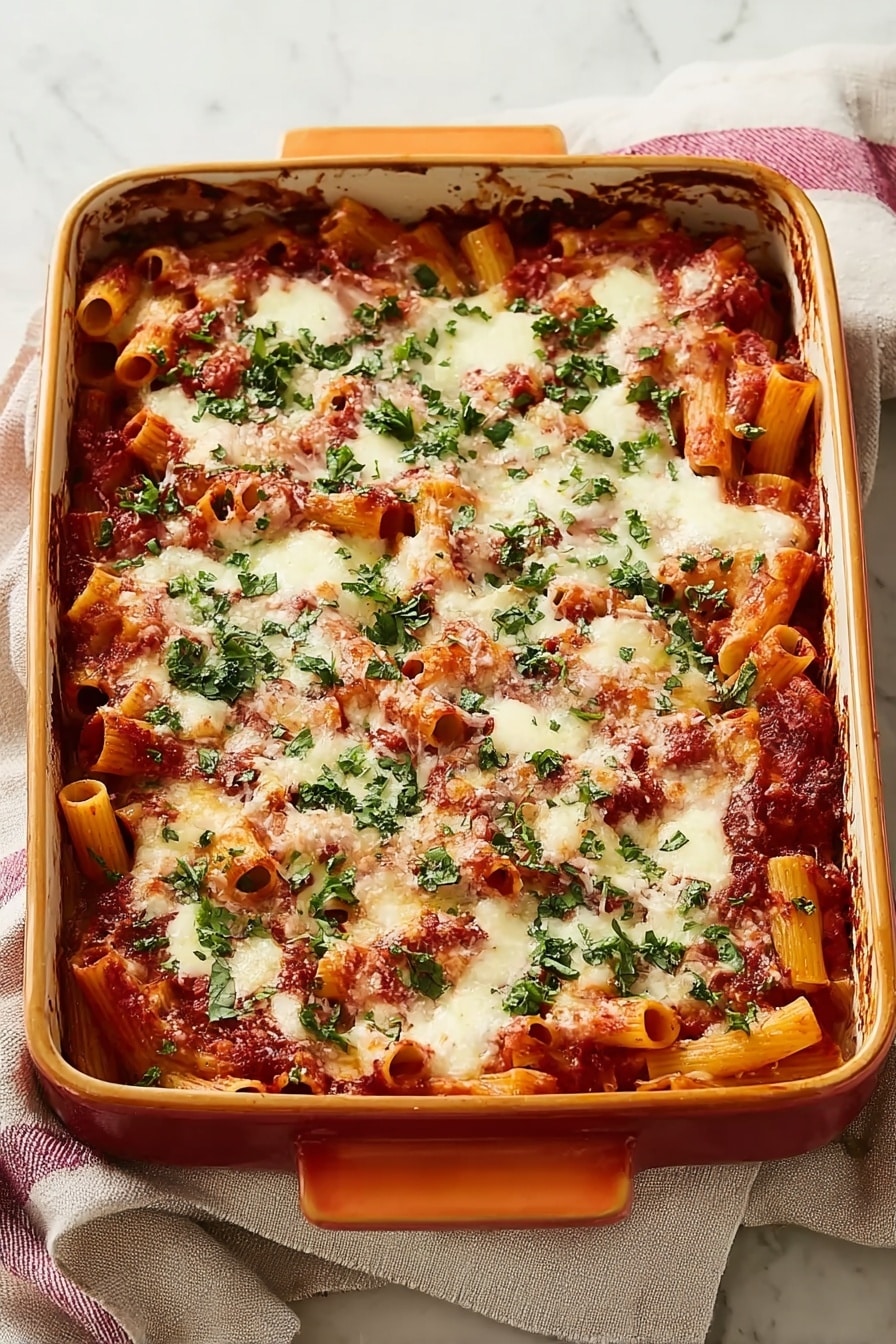 A rectangular orange baking dish filled with baked pasta is shown. The dish has one main layer of rigatoni pasta covered evenly with thick red tomato sauce. On top, there are small patches of melted white cheese scattered all over. Fresh green chopped herbs, possibly parsley or basil, are sprinkled generously, adding a fresh contrast on the cheese and sauce. The edges of the baking dish show some browned spots where the sauce has baked into the sides. The dish sits on folded beige and white towels over a white marbled surface. photo taken with an iphone --ar 2:3 --v 7 - Crowd-Pleasing Baked Ziti with Spicy Italian Sausage and Creamy Pecorino, baked ziti with sausage, Italian baked ziti recipe, cheesy baked pasta, crowd-pleasing pasta dish