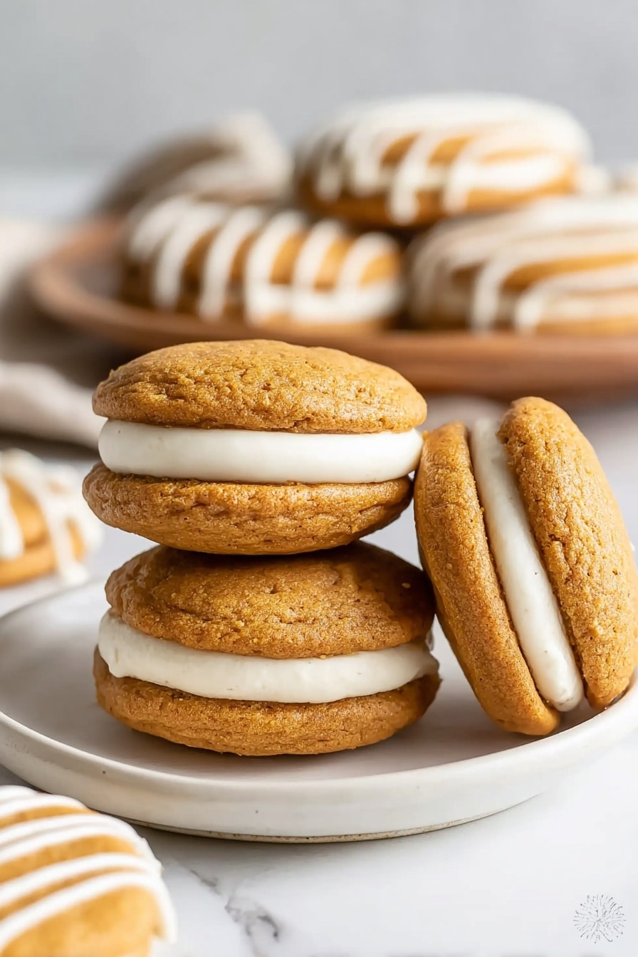 The image shows a close-up of three soft, round pumpkin sandwich cookies stacked on a white plate with a white marbled background. Each cookie has two golden-brown layers with a soft texture, filled with a thick layer of smooth, white cream in the middle. One cookie leans on the stack, displaying the cream filling clearly. In the background, more cookies with white drizzle are visible, adding to the cozy feel. Photo taken with an iphone --ar 2:3 --v 7 - Easy Pumpkin Whoopie Pies, pumpkin whoopie pies, fall dessert recipes, pumpkin spice treats, homemade pumpkin cookies