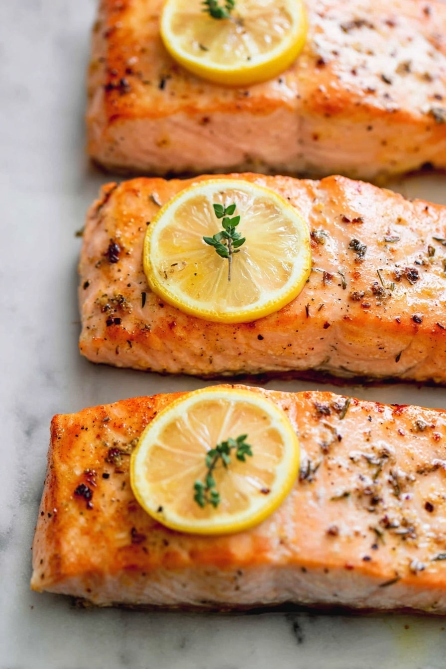 Three cooked salmon fillets lie side by side on a white marbled surface, each piece showing a light orange-pink color with a slightly browned, crispy texture on top. Small black pepper flakes and herbs are scattered unevenly across the surface of the salmon, adding specks of dark color. Each fillet is topped with a thin, bright yellow lemon slice with a small green herb sprig placed at the center of the lemon, adding fresh green detail. The edges of the salmon are slightly darker, showing a light crispiness. photo taken with an iphone --ar 2:3 --v 7 - Best Easy Healthy Baked Salmon, healthy baked salmon recipe, quick salmon dinner, nutritious salmon recipe, flavorful baked salmon