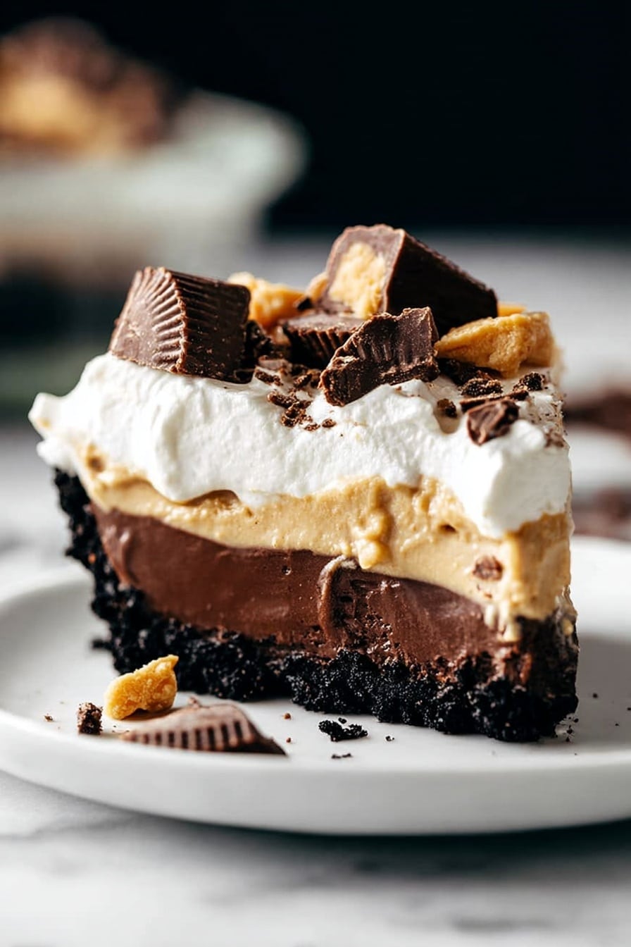 The image shows a slice of dessert with four clear layers served on a white plate against a white marbled background. The bottom layer is a dark, crumbly chocolate crust. Above that is a smooth, thick dark chocolate layer. The third layer is a light creamy tan color, likely peanut butter or caramel. The top layer is fluffy white whipped cream covered with crushed pieces of chocolate and peanut butter cups scattered over it. The dessert looks rich and creamy with a mix of textures from smooth to crunchy. Photo taken with an iphone --ar 2:3 --v 7 - Chocolate Peanut Butter Pie, Chocolate Peanut Butter Pie recipe, Easy Peanut Butter Pie, No-Bake Chocolate Pie, Creamy Chocolate Peanut Butter Dessert