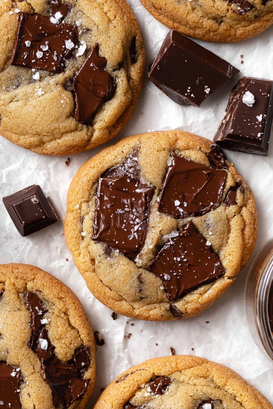 The image shows several golden brown cookies with dark melted chocolate chunks on top, placed closely together on white parchment paper. Each cookie has multiple large, shiny, deep brown chocolate pieces embedded in the soft cookie surface, with a few pieces sprinkled with coarse salt. Around the cookies are a few solid dark chocolate chunks in irregular shapes. The background is a white marbled texture. photo taken with an iphone --ar 2:3 --v 7 - The BEST Chocolate Chip Cookies Bakery Style, homemade chocolate chip cookies, crispy chewy chocolate chip cookies, bakery style cookie recipe, easy chocolate chip cookies
