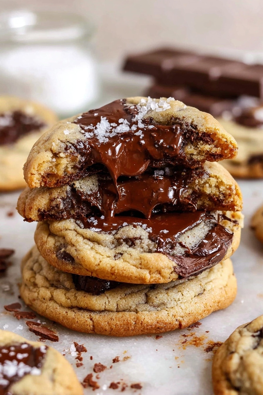 A stack of three thick cookies filled with large, melted dark chocolate chunks sits in the center on a white marbled surface, showing the cookies' soft and chewy texture. The top cookie is broken in half, revealing rich, glossy chocolate melting inside. Around the stack, more cookies with similar chocolate melts are spread on the white marbled surface. In the background, there is a small glass jar filled with white salt grains and a bar of dark chocolate slightly out of focus, enhancing the cozy and fresh feel of the scene. photo taken with an iphone --ar 2:3 --v 7 - The BEST Chocolate Chip Cookies Bakery Style, homemade chocolate chip cookies, crispy chewy chocolate chip cookies, bakery style cookie recipe, easy chocolate chip cookies