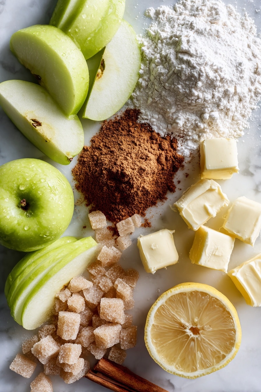 Flat lay of thinly sliced green Granny Smith apples scattered beside small piles of light and dark brown sugar crystals, a heap of warm cinnamon powder and a pinch of nutmeg, chunks of cold pale butter nestled near a mound of soft white flour, a fresh lemon sliced in half with droplets of juice glistening on the surface, all beautifully arranged on a white marble surface, photo taken with an iphone --ar 2:3 --v 7 - Dutch Apple Pie, apple pie with crumb topping, homemade apple pie, cozy dessert recipes, classic apple pie