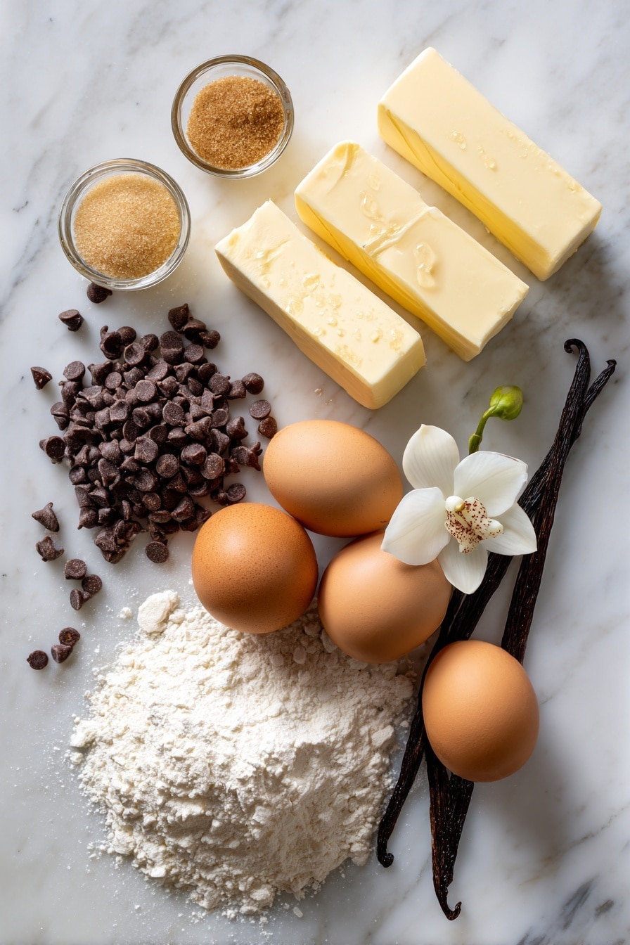 Flat lay of smooth unsalted butter sticks, light and dark brown sugar heaps, shiny semisweet chocolate chips scattered, lightly cracked large eggs, a small mound of all-purpose flour, vanilla beans with a few drops of extract, and a sprig of vanilla orchid, all beautifully arranged on a white marble surface, photo taken with an iphone --ar 2:3 --v 7 - Bakery Style Chocolate Chip Cookies, Thick Chewy Cookies, Homemade Chocolate Chip Cookies, Soft Bakery Cookies, Best Chocolate Chip Cookies