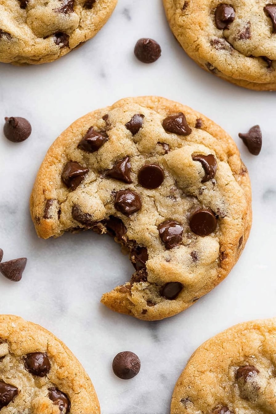 A close-up view of several chocolate chip cookies resting on a white marbled surface. The main cookie in the center is slightly broken, showing its soft inner texture filled with dark brown, shiny chocolate chips. Around this cookie, there are a few whole cookies with a light golden brown outer layer, dotted with more chocolate chips. Scattered around the cookies are loose chocolate chips, adding detail to the scene. The cookies have a slightly rough texture with some cracks visible on their surface, and the light highlights their slightly crisp edges and softer centers. photo taken with an iphone --ar 2:3 --v 7 - Bakery Style Chocolate Chip Cookies, Thick Chewy Cookies, Homemade Chocolate Chip Cookies, Soft Bakery Cookies, Best Chocolate Chip Cookies