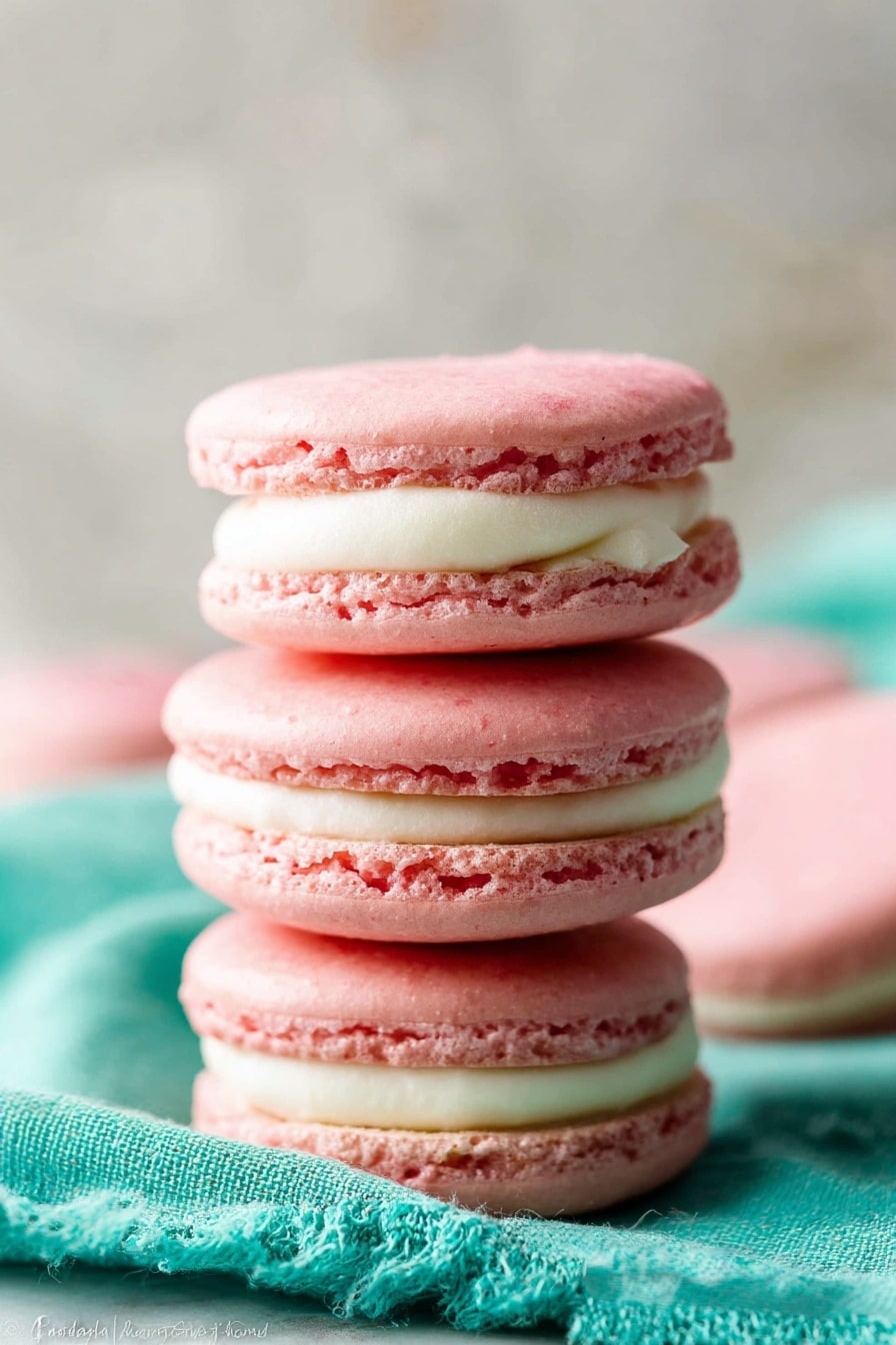 The image shows a stack of three pink macarons with two layers of smooth white cream filling in between each pink shell. The pink shells have a delicate, slightly textured surface with small, crisp edges. The macarons are placed on a soft turquoise cloth, and a blurred white marbled surface is seen in the background with another macaron partially visible. The lighting is soft, highlighting the macarons' smooth and airy texture. Photo taken with an iphone --ar 2:3 --v 7 - French Macarons Recipe, delicate French macarons, homemade macarons, pastel macarons with ruffled foot, easy macaron baking tips