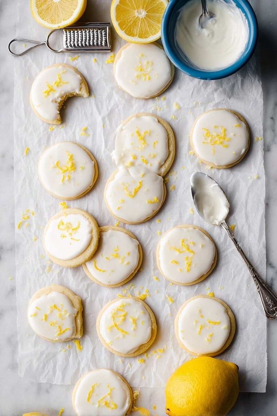 A white marbled surface holds a sheet of crinkled white parchment paper with sixteen round lemon cookies scattered on it. Each cookie has one layer of smooth white icing on top, with small bright yellow lemon zest bits sprinkled unevenly across the icing. Two halves of a bright yellow lemon rest near the edges of the parchment. A small blue bowl filled with white icing sits near the top right corner, and a silver spoon with a bit of icing rests diagonally across the parchment paper, its handle pointing toward the top center. A metal lemon zester is placed on the left side of the parchment. One cookie at the top left has a bite taken out of it, showing a light, soft texture inside. The scene is bright and clean, with all elements resting on the white marbled surface photo taken with an iphone --ar 2:3 --v 7 - Lemon Meltaway Cookies, lemon cookies, buttery cookies, citrus cookie recipes, meltaway cookies