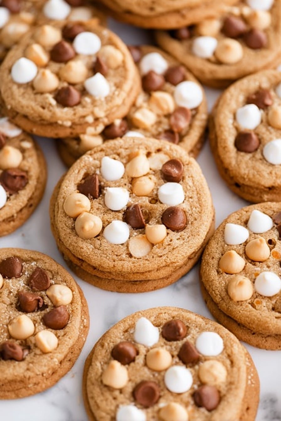 A close-up view of many round cookies laid flat on a white marbled surface, each cookie having a light brown, slightly textured base with visible small air bubbles. Each cookie is topped with a mix of white, dark brown, and light tan chips, scattered unevenly on the top surface. The chips create small layers on the cookies, giving them a rich, colorful pattern against the soft brown cookie. The cookies are stacked a little in some places, showing thickness and softness. photo taken with an iphone --ar 2:3 --v 7 - Butterscotch Pudding Cookies with Chocolate Chips, easy butterscotch cookie recipe, soft and chewy pudding cookies, chocolate chip cookie recipe with butterscotch, homemade pudding cookies with chocolate chips