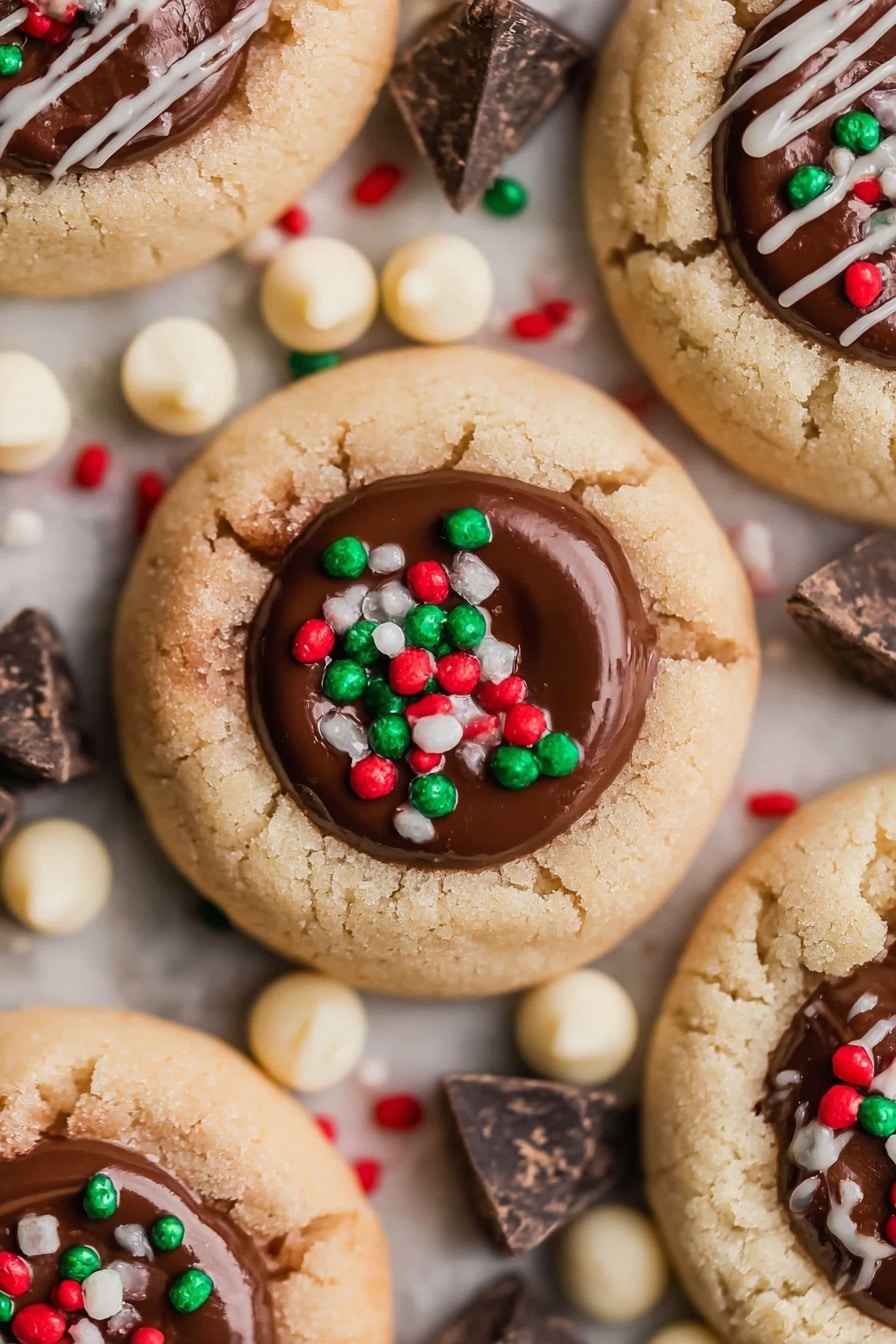 A close-up of soft, round cookies with a light beige base and a smooth, glossy chocolate center on top, each cookie decorated with small, round red, green, and white sprinkles. Some cookies show a white thin drizzle over the chocolate. Small white chocolate chips and dark chocolate chunks are scattered around the cookies on a white marbled surface. The cookies have a slightly cracked texture on the edges and appear soft and fresh. Photo taken with an iphone --ar 2:3 --v 7 - Nutella Thumbprint Cookies, Nutella Cookies, Chocolate Hazelnut Cookies, Easy Nutella Cookie Recipe, Chewy Nutella Cookies