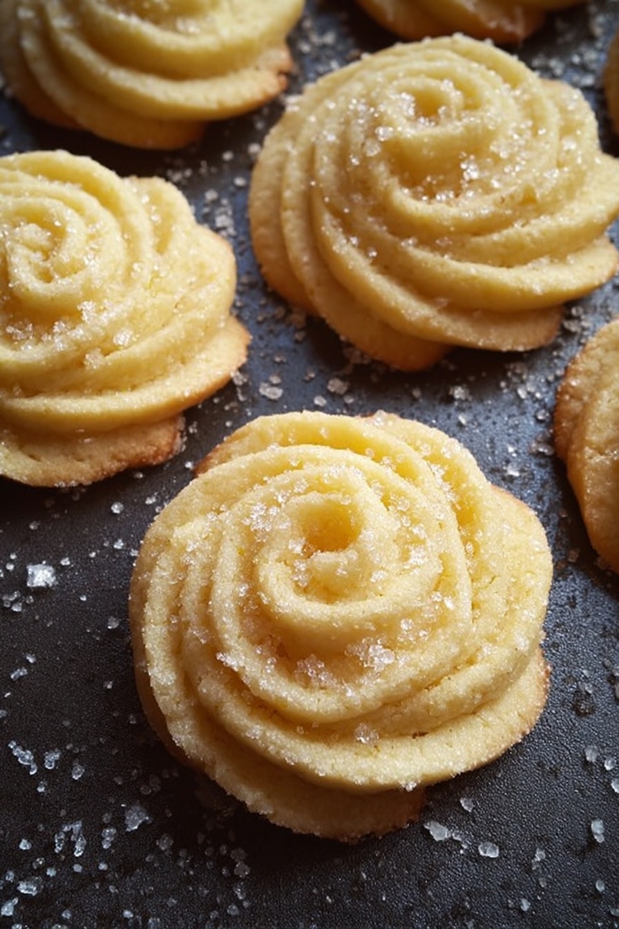 The image shows several round butter cookies with a soft yellow color and a slightly golden edge, each shaped in a spiral pattern with ridges creating a rosette design. The cookies have a grainy white sugar sprinkle on top, adding texture. They are placed on a dark baking tray that contrasts with their light color. The background has a fine scattering of coarse sugar crystals. Photo taken with an iphone --ar 2:3 --v 7 - Danish Butter Cookies, buttery cookies recipe, crispy butter cookies, easy Danish cookies, homemade butter cookies