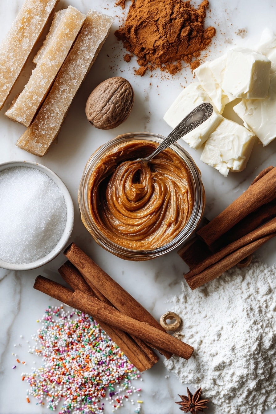 Flat lay of creamy pumpkin butter swirled in a small glass jar, rich brown sugar crystals piled high, warm cinnamon sticks, whole nutmeg pods, smooth cream cheese block, soft golden sticks of salted butter, a heap of fine powdered sugar dusted lightly nearby, and colorful fall-themed sprinkles scattered artfully, placed on a white marble surface, photo taken with an iphone --ar 2:3 --v 7 - Frosted Soft Pumpkin Sugar Cookies, pumpkin sugar cookies, soft fall cookies, pumpkin dessert recipes, easy pumpkin cookies