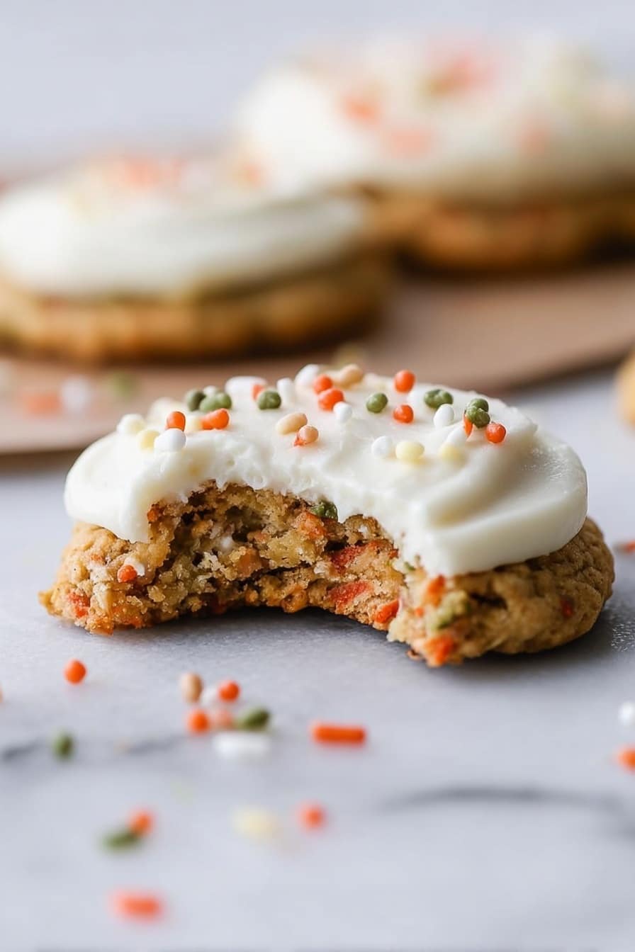 The image shows a close-up of a single layered cookie with a thick layer of white creamy frosting on top. The cookie is light brown with visible bits of nuts or oats and small orange and green pieces, giving it a textured look. The frosting is smooth and spread generously, with small colorful round sprinkles scattered on it and around the cookie on a white marbled surface. The cookie has a bite taken out of one side, showing a soft inside. Other similar cookies blurred in the background can also be seen. Photo taken with an iphone --ar 2:3 --v 7 - Carrot Cake Cookies with Cream Cheese Frosting, carrot cake cookie recipe, easy carrot cake cookies, homemade carrot cookie treats, moist carrot cake cookies