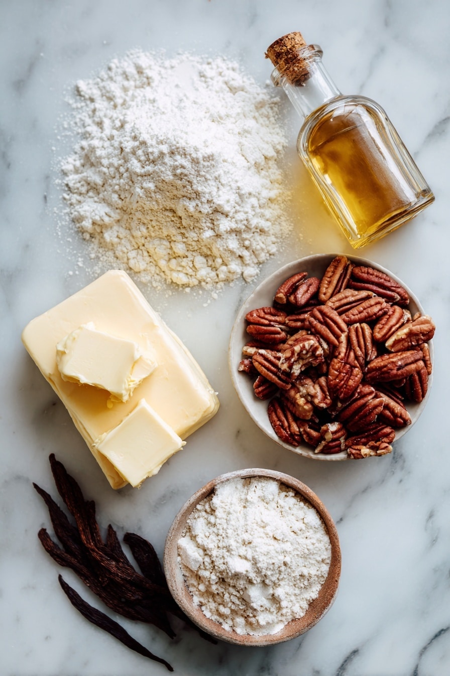 Flat lay of soft unsalted butter, a pile of fine powdered sugar, golden all-purpose flour, chopped pecans with rich brown shades, and a small glass bottle of vanilla extract, all beautifully arranged in a balanced composition, placed on a white marble surface, photo taken with an iphone --ar 2:3 --v 7 - Mexican Wedding Cookies Polvorones, traditional Mexican cookies, holiday sugar cookies, buttery nutty cookies, crumbly powdered sugar cookies