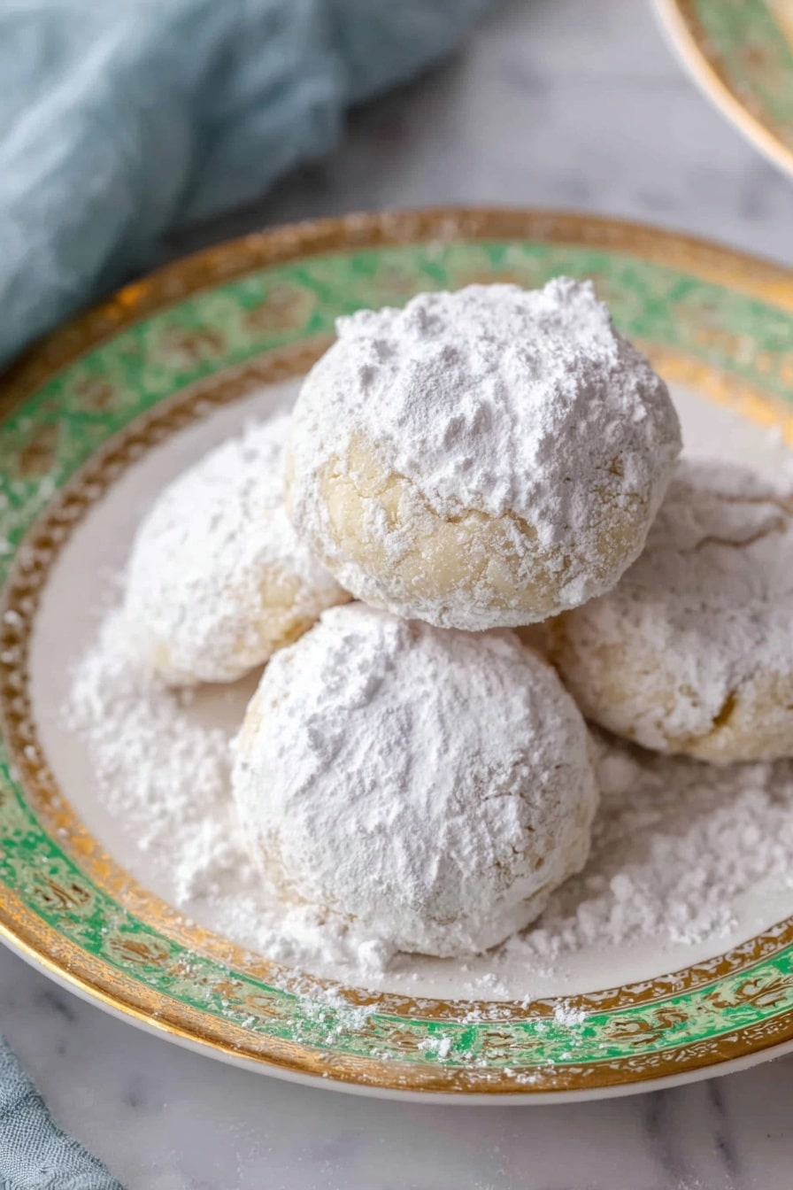 The image shows four round cookies stacked on a white plate with green and gold patterned edges; each cookie is covered in a thick layer of white powdered sugar, giving them a snowy, soft texture. The cookies sit closely together, some powder sugar spilling onto the plate. The plate is on a white marbled surface, and a soft blue fabric is partially visible on the left side. The lighting highlights the powdered sugar’s powdery texture and the gentle cracks on some cookies' sides. Photo taken with an iphone --ar 2:3 --v 7 - Mexican Wedding Cookies Polvorones, traditional Mexican cookies, holiday sugar cookies, buttery nutty cookies, crumbly powdered sugar cookies