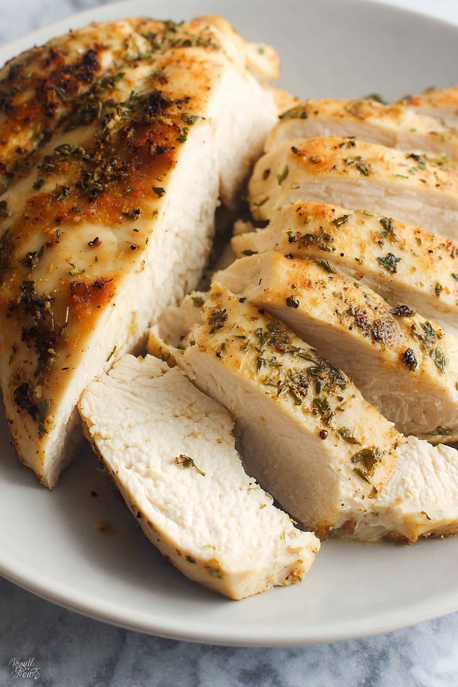 The image shows slices of cooked chicken placed close together on a white plate. The chicken is light golden on the outside with visible black pepper and green herb seasoning scattered across the surface. The chicken is cut into about six slices, showing a moist and tender white inside with a slightly textured surface. The plate rests on a white marbled background. photo taken with an iphone --ar 2:3 --v 7 - Slow Cooker Juicy Seasoned Chicken Breast, flavorful chicken breasts, easy slow cooker chicken recipe, tender slow cooker chicken, healthy chicken dinner