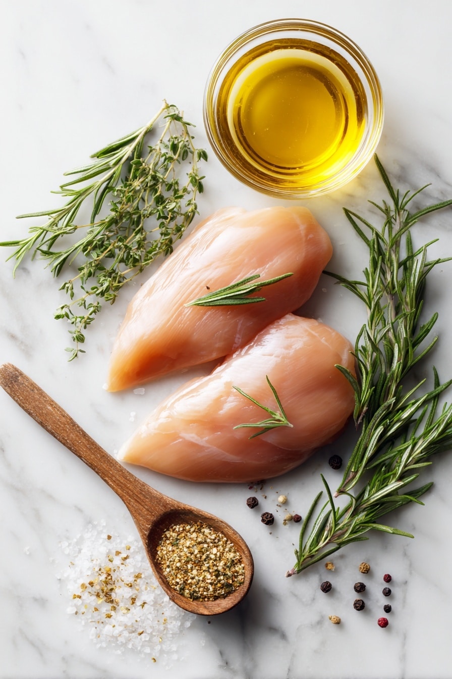 Flat lay of raw boneless skinless chicken breasts, a small glass bowl with low sodium chicken broth, sprigs of fresh Italian herbs like rosemary and oregano, a wooden spoonful of coarse seasoning salt, a small heap of Italian seasoning blend, and a few cracked black peppercorns scattered artfully, placed on a white marble surface, photo taken with an iphone --ar 2:3 --v 7 - Juicy Crockpot Shredded Chicken, easy shredded chicken, slow cooker chicken recipe, tender chicken for meal prep, versatile shredded chicken