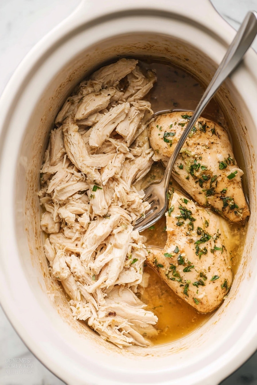 This image shows a white slow cooker filled with two main layers: on the right side, there are two whole cooked chicken pieces with a light golden color, sprinkled with green herbs and a shiny glaze of broth on top; on the left side, shredded chicken pieces in pale beige color soaking in a light brown broth, creating a moist texture; a silver fork is placed inside the slow cooker touching both shredded and whole chicken; the inside of the slow cooker has some broth stains along the edges; the background is a white marbled texture photo taken with an iphone --ar 2:3 --v 7 - Juicy Crockpot Shredded Chicken, easy shredded chicken, slow cooker chicken recipe, tender chicken for meal prep, versatile shredded chicken