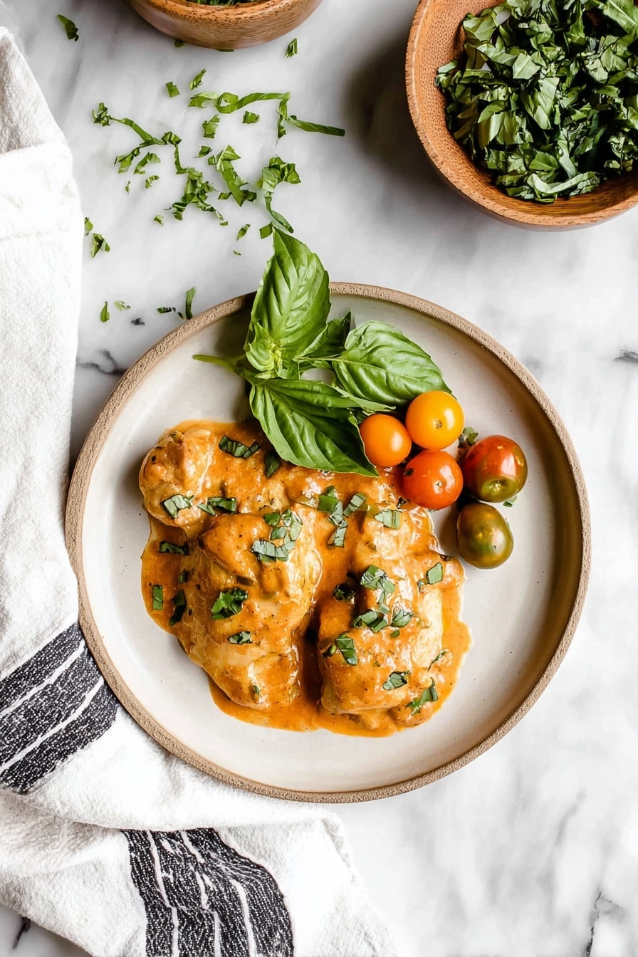 A white round plate holds two light brown chicken pieces covered in a smooth orange sauce sprinkled with green herbs. To the right of the chicken are a few small green and orange cherry tomatoes and a small bunch of fresh basil leaves. The plate is placed on a white marbled surface with a few chopped green herbs scattered above it. A white cloth with black stripes is partly visible on the bottom left corner. Two bowls filled with green leafy herbs sit at the top right corner of the image. Photo taken with an iphone --ar 2:3 --v 7 - Slow Cooker Creamy Tomato Basil Chicken, easy slow cooker chicken recipes, creamy tomato chicken dish, family dinner ideas, beginner-friendly slow cooker meals