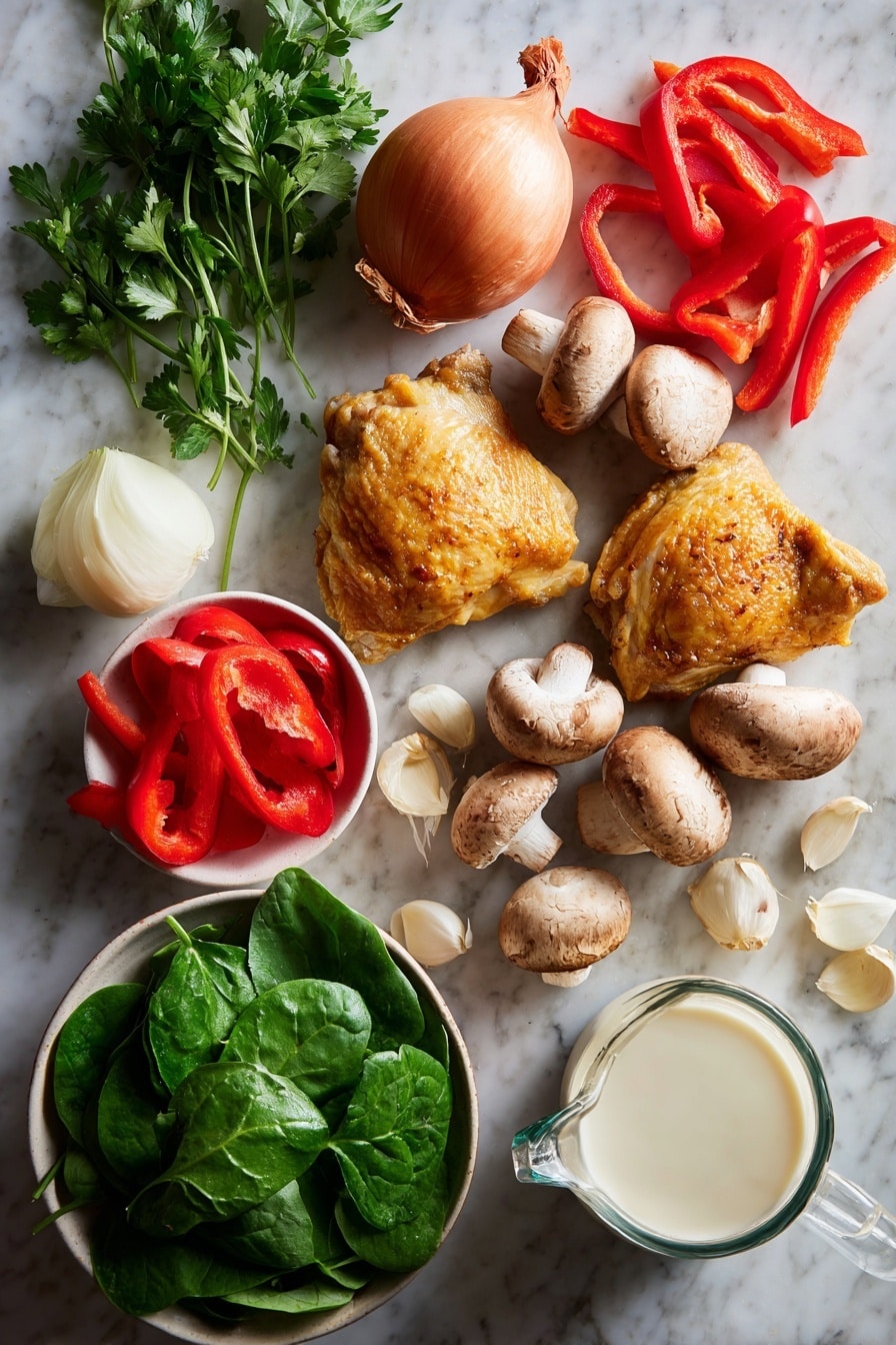 Flat lay of golden-brown chicken thighs with skin on, fresh whole and sliced mushrooms, vibrant red bell pepper strips, bright green fresh spinach leaves, a large chopped onion, minced garlic cloves, fresh parsley sprigs, and a small glass jug of creamy heavy cream, placed on a white marble surface, photo taken with an iphone --ar 2:3 --v 7 - Slow Cooker Creamy Chicken and Mushrooms, creamy chicken and mushroom dinner, easy slow cooker chicken recipes, comforting slow cooker meals, savory mushroom chicken
