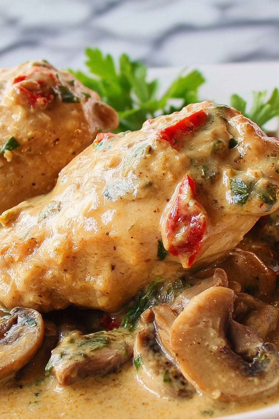 The image shows a close-up of two pieces of cooked chicken covered in a thick, creamy beige sauce with visible small chunks of red peppers and herbs. The chicken pieces rest on a bed of sliced brown mushrooms and some leafy green parsley. The sauce looks smooth with a slightly shiny texture, and there are hints of seasoning visible in the sauce. The background is a white marbled texture with a soft focus on the food, making the chicken and sauce the main focus. Photo taken with an iphone --ar 2:3 --v 7 - Slow Cooker Creamy Chicken and Mushrooms, creamy chicken and mushroom dinner, easy slow cooker chicken recipes, comforting slow cooker meals, savory mushroom chicken