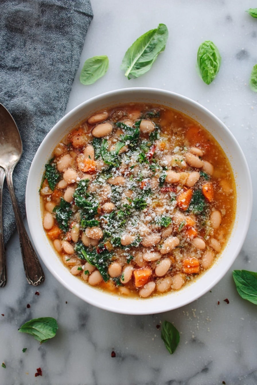 A white bowl filled with a bean soup that has three main layers: at the bottom, a light orange broth; in the middle, many soft, light brown beans mixed with small pieces of bright orange carrots; on top, fresh green leafy bits scattered throughout, along with a sprinkling of finely grated pale cheese. The bowl sits on a white marbled surface with scattered small green leaves nearby and a gray cloth with two spoons resting on it to the left side. photo taken with an iphone --ar 2:3 --v 7 - Cranberry Bean Soup, hearty bean soup recipe, easy winter soup, vegan bean soup, nutritious dinner ideas