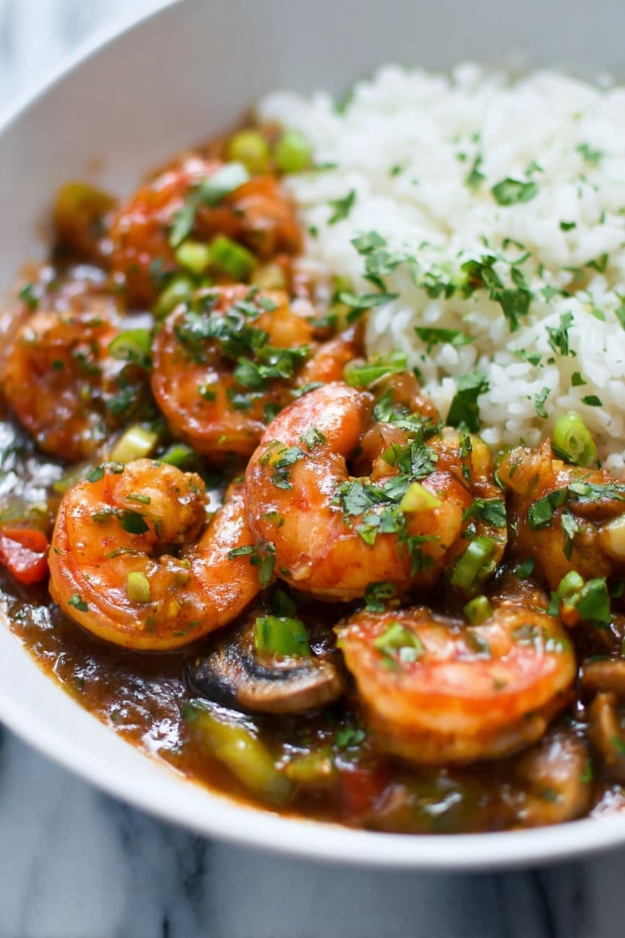 This image shows a close-up of a dish with several curled orange shrimp covered in a glossy, brown sauce mixed with small pieces of green herbs and vegetables, including green onions and cilantro, scattered on top. Around the shrimp, visible slices of mushrooms and bits of red and yellow bell peppers are mixed in the sauce. Behind the shrimp and sauce, there is a layer of white rice, softly blurred but clearly separate from the sauce. All of this is placed in a white bowl set on a white marbled surface. The photo is taken with an iphone --ar 2:3 --v 7 - New Orleans Gumbo with Shrimp and Sausage, authentic gumbo recipe, Louisiana gumbo, seafood sausage gumbo, spicy Cajun gumbo